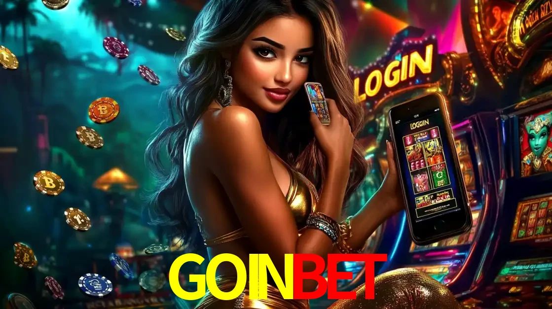 Mulher em um cenário de cassino temático de aventura, mostrando o app de caça-níqueis da GOINBET no celular. Fichas de apostas flutuam ao redor.