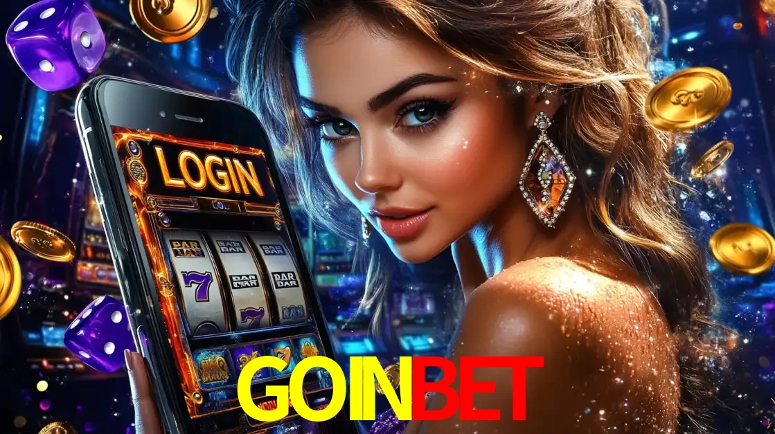 Mulher glamorosa segurando um smartphone com a tela de login para os jogos de caça-níqueis do cassino online GOINBET, com moedas de ouro e dados ao redor.