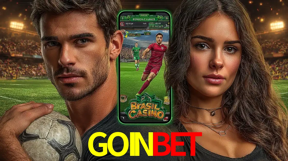 Homem segurando uma bola de futebol e uma mulher ao lado de um smartphone exibindo o jogo de apostas esportivas da GOINBET. Faça seu palpite no cassino online.